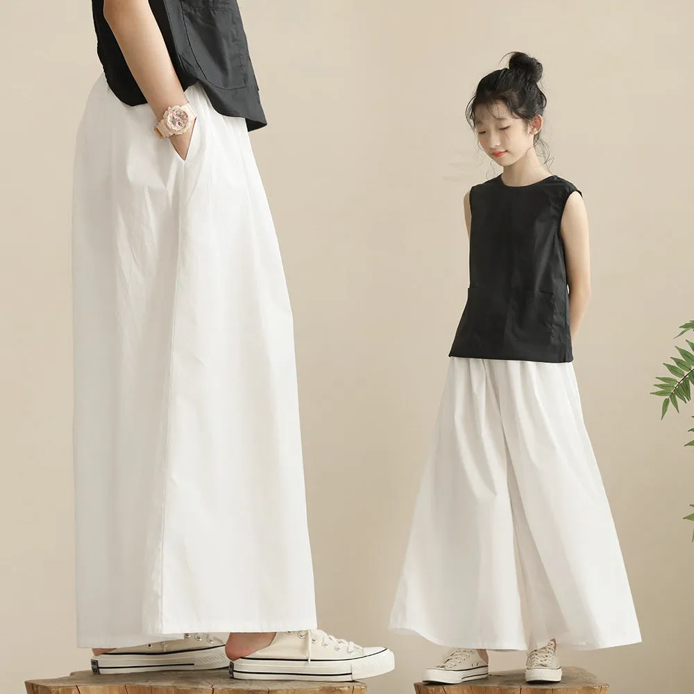 日系 后背纽扣开叉上衣/ 白色裙裤 Elegant Sleeveless Top/ Wide-Leg Culottes