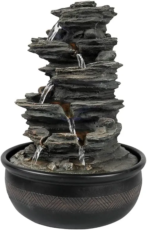 15.7 High Rock Falls Tabletop Water Fountain with LED Lights - 5-Tier Indoor Relaxation Waterfall Fountain, Small Cascading Water Feature for Home and Office Decor Gray-1