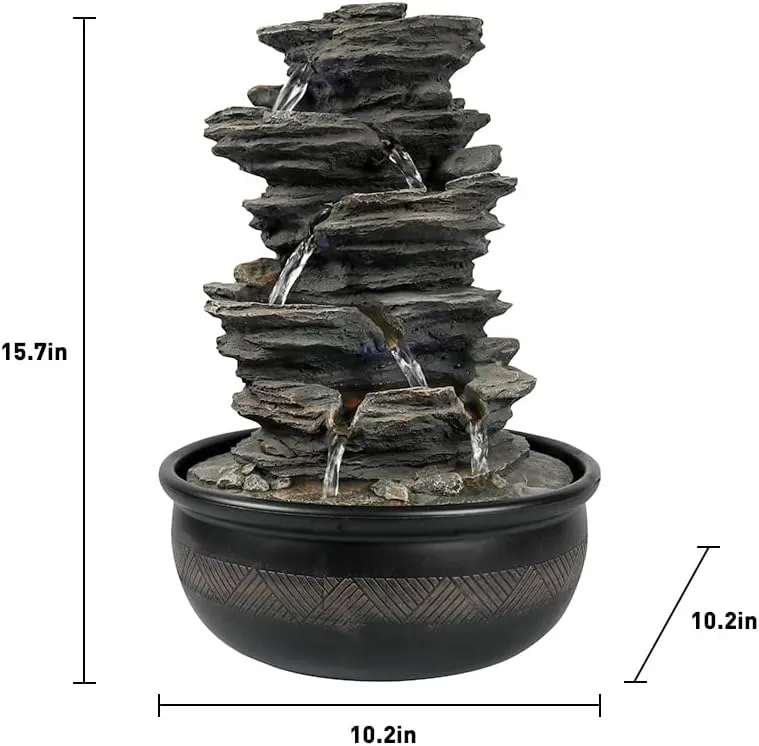 15.7 High Rock Falls Tabletop Water Fountain with LED Lights - 5-Tier Indoor Relaxation Waterfall Fountain, Small Cascading Water Feature for Home and Office Decor Gray-1