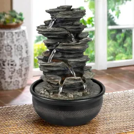 15.7 High Rock Falls Tabletop Water Fountain with LED Lights - 5-Tier Indoor Relaxation Waterfall Fountain, Small Cascading Water Feature for Home and Office Decor Gray-1