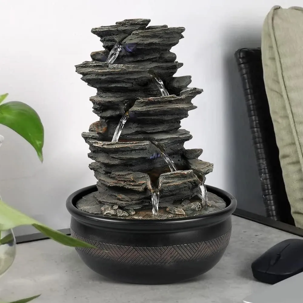 15.7 High Rock Falls Tabletop Water Fountain with LED Lights - 5-Tier Indoor Relaxation Waterfall Fountain, Small Cascading Water Feature for Home and Office Decor Gray-1
