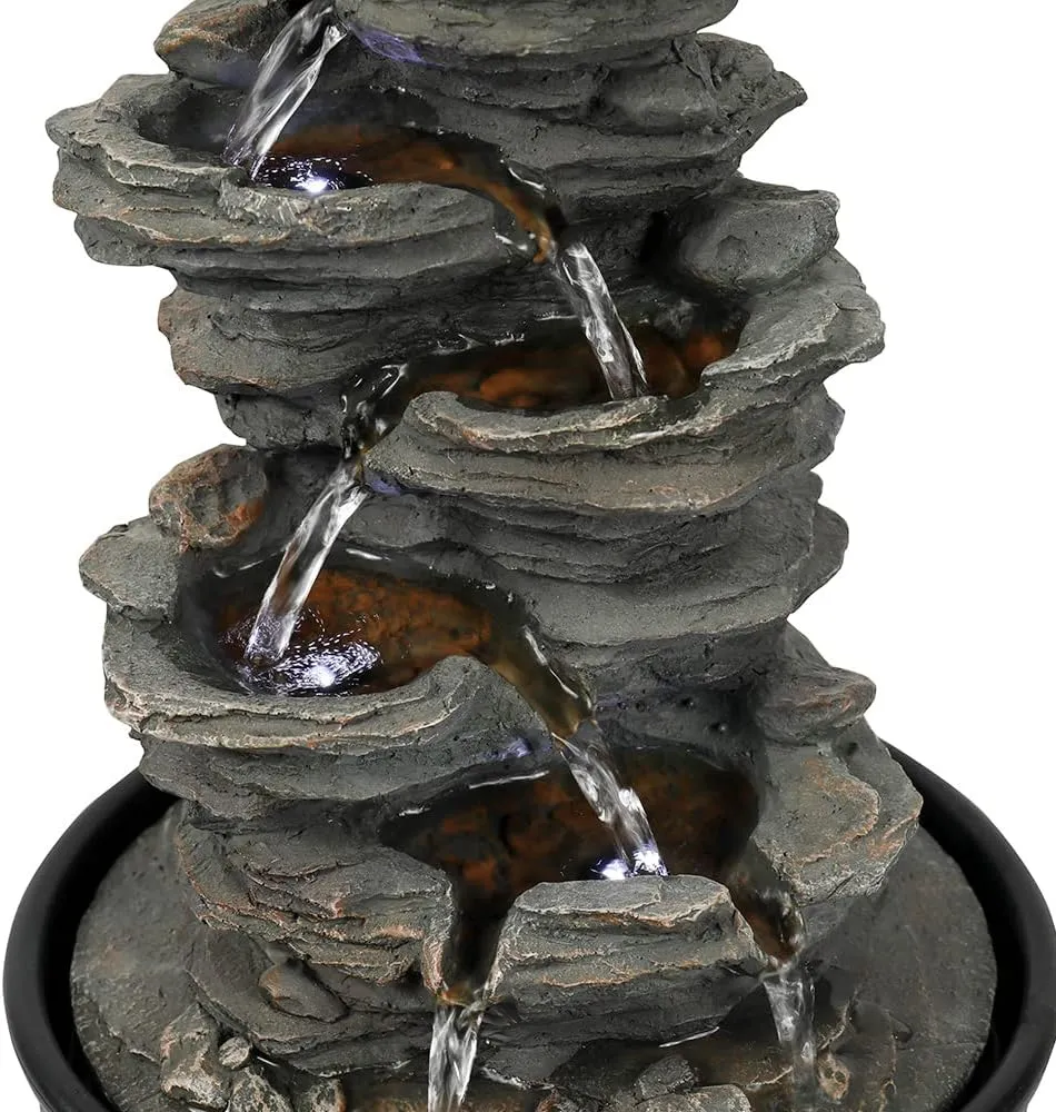 15.7 High Rock Falls Tabletop Water Fountain with LED Lights - 5-Tier Indoor Relaxation Waterfall Fountain, Small Cascading Water Feature for Home and Office Decor Gray-1