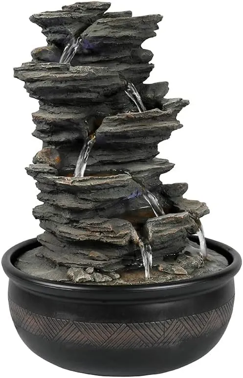 15.7 High Rock Falls Tabletop Water Fountain with LED Lights - 5-Tier Indoor Relaxation Waterfall Fountain, Small Cascading Water Feature for Home and Office Decor Gray-1