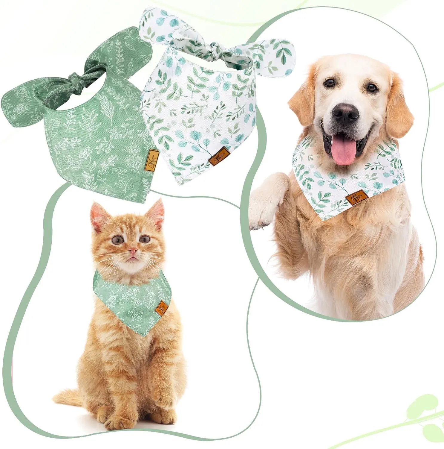 2Pcs Boho Eucalyptus Leaves Dog Bandana Elegant Green Leaves Print Fabric Pet Scarf Medium Size Adjustable Dog Bibs for Pet Birthday Costume Accessories