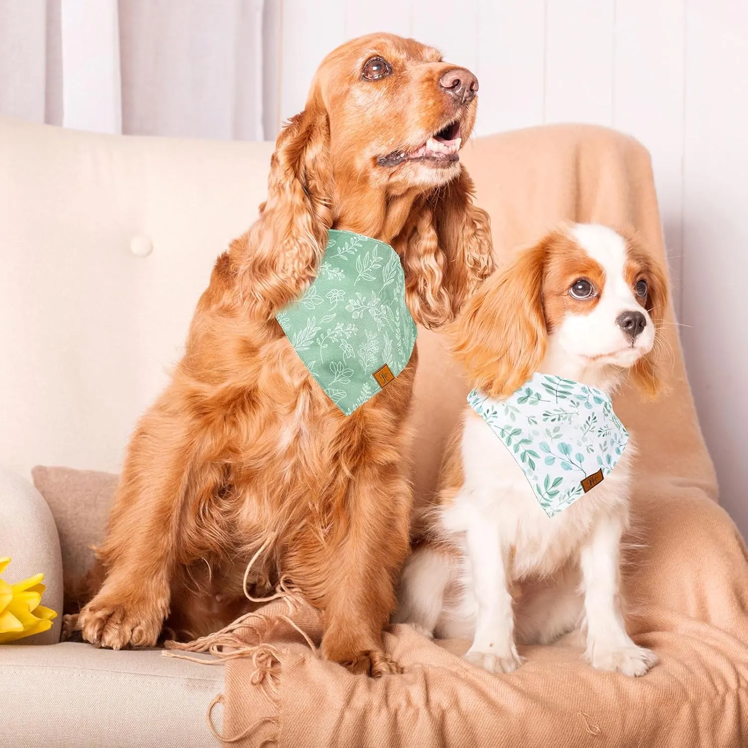 2Pcs Boho Eucalyptus Leaves Dog Bandana Elegant Green Leaves Print Fabric Pet Scarf Medium Size Adjustable Dog Bibs for Pet Birthday Costume Accessories