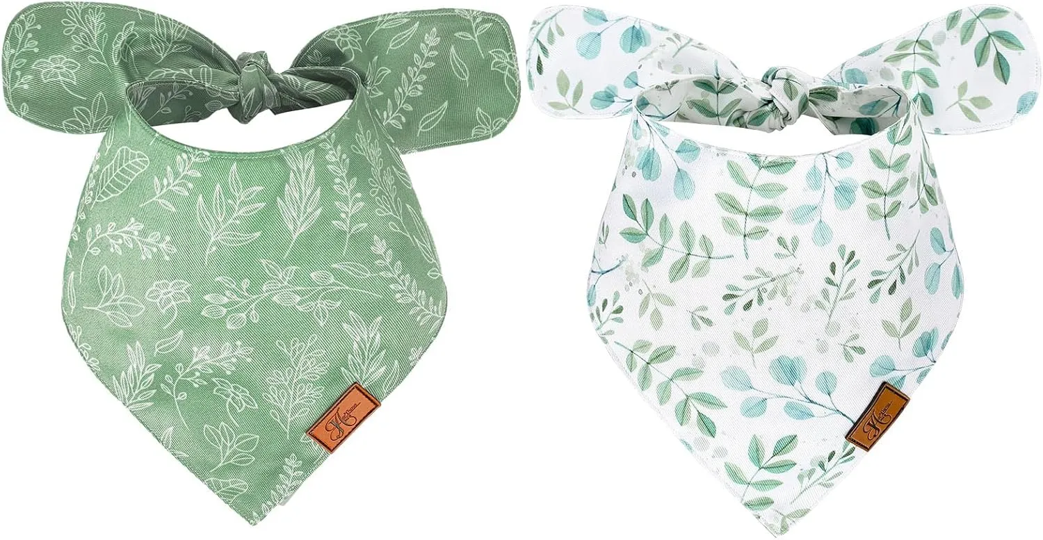 2Pcs Boho Eucalyptus Leaves Dog Bandana Elegant Green Leaves Print Fabric Pet Scarf Medium Size Adjustable Dog Bibs for Pet Birthday Costume Accessories