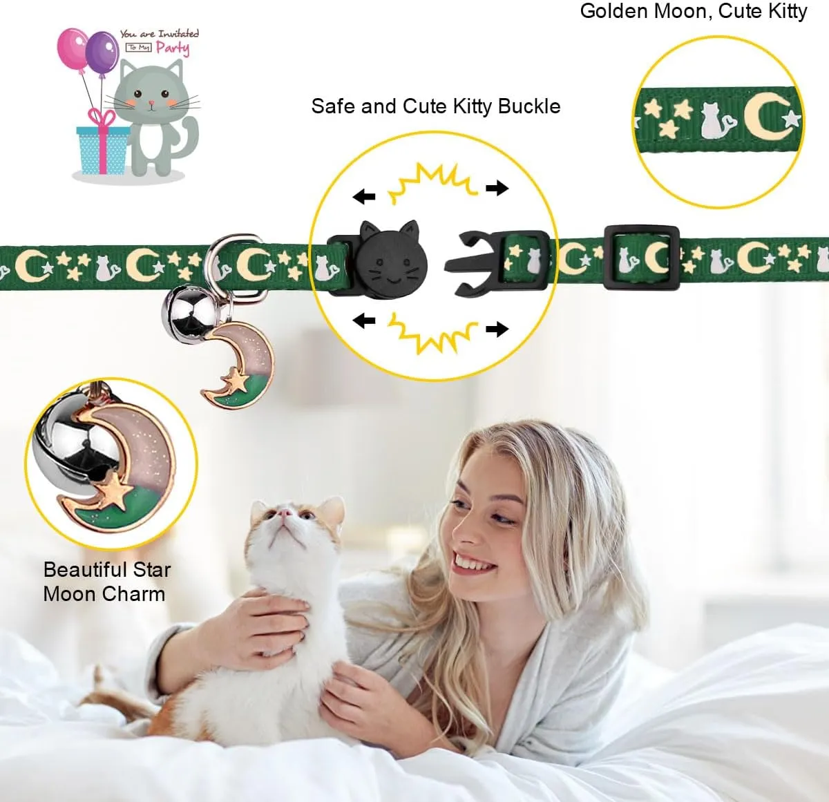 2PCS Breakaway Cat Collars with Bell Cute Kitty Glow in The Dark Adjustable Kitten Collars(Deep Green&Black)