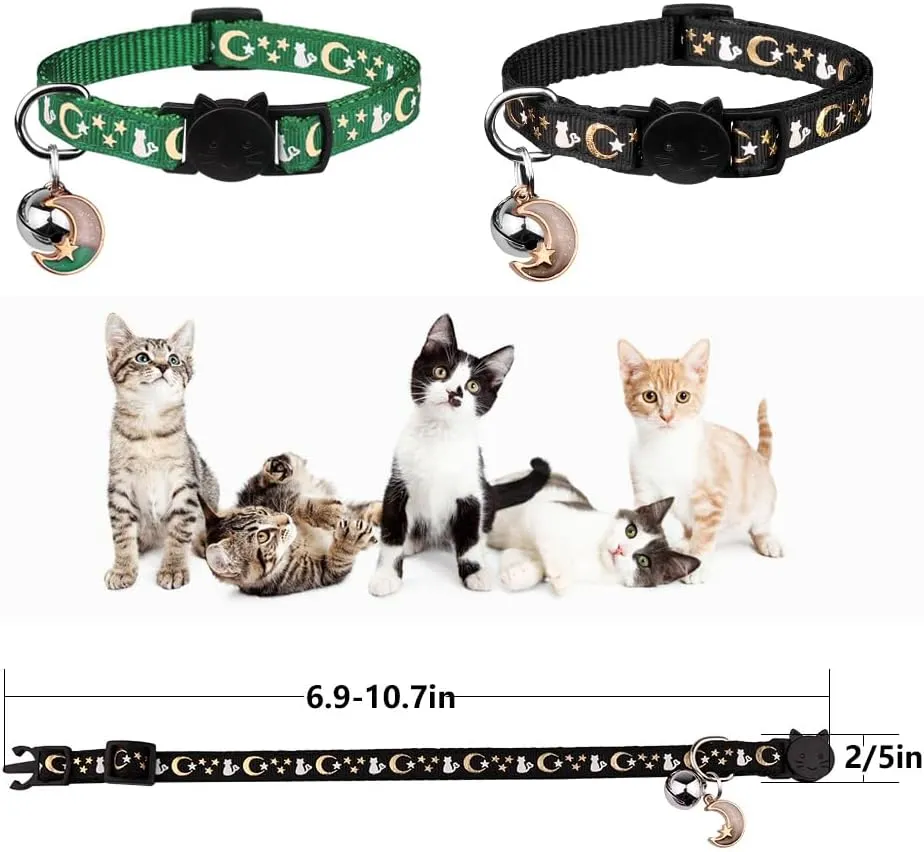 2PCS Breakaway Cat Collars with Bell Cute Kitty Glow in The Dark Adjustable Kitten Collars(Deep Green&Black)