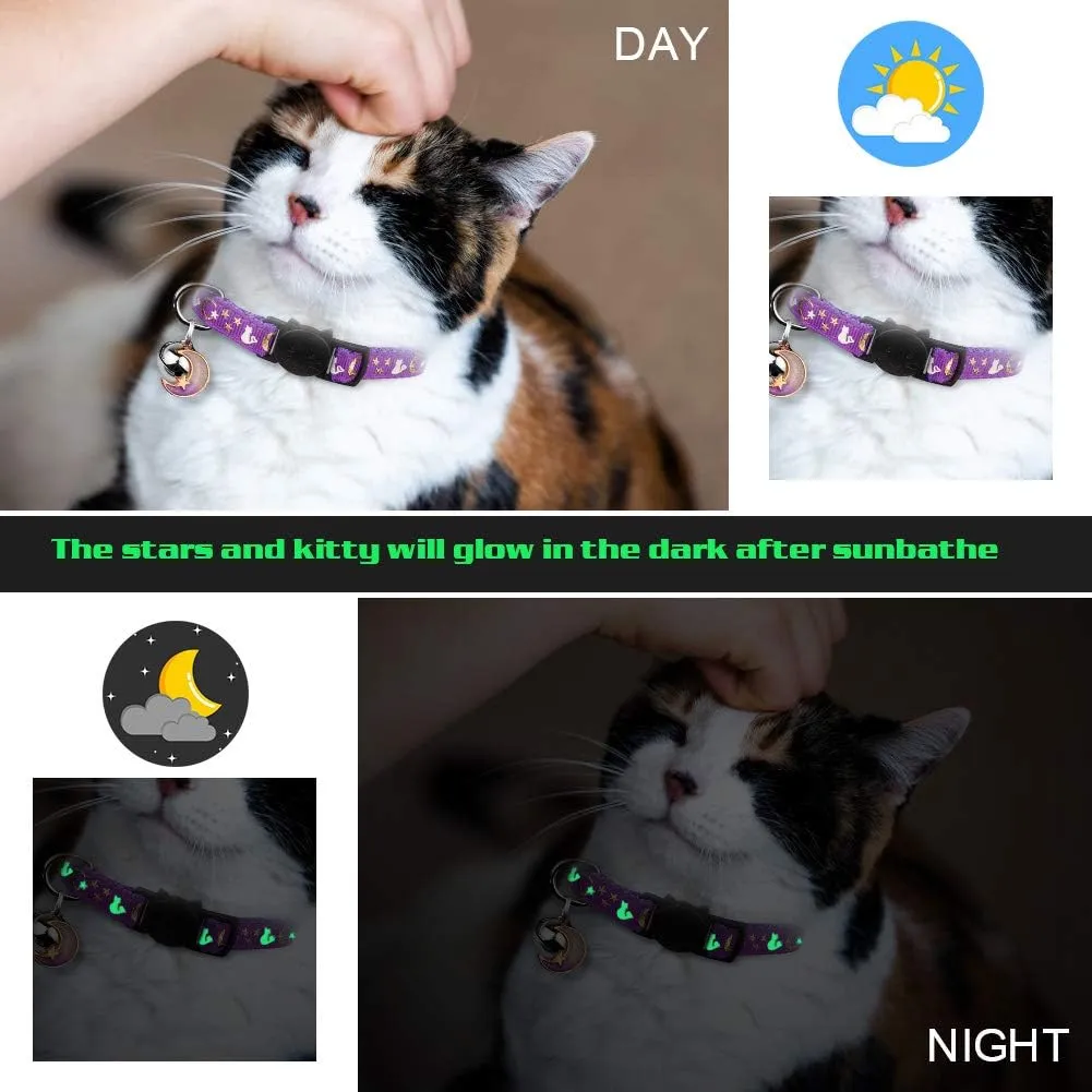 2PCS Breakaway Cat Collars with Bell Cute Kitty Glow in The Dark Adjustable Kitten Collars(Deep Green&Black)
