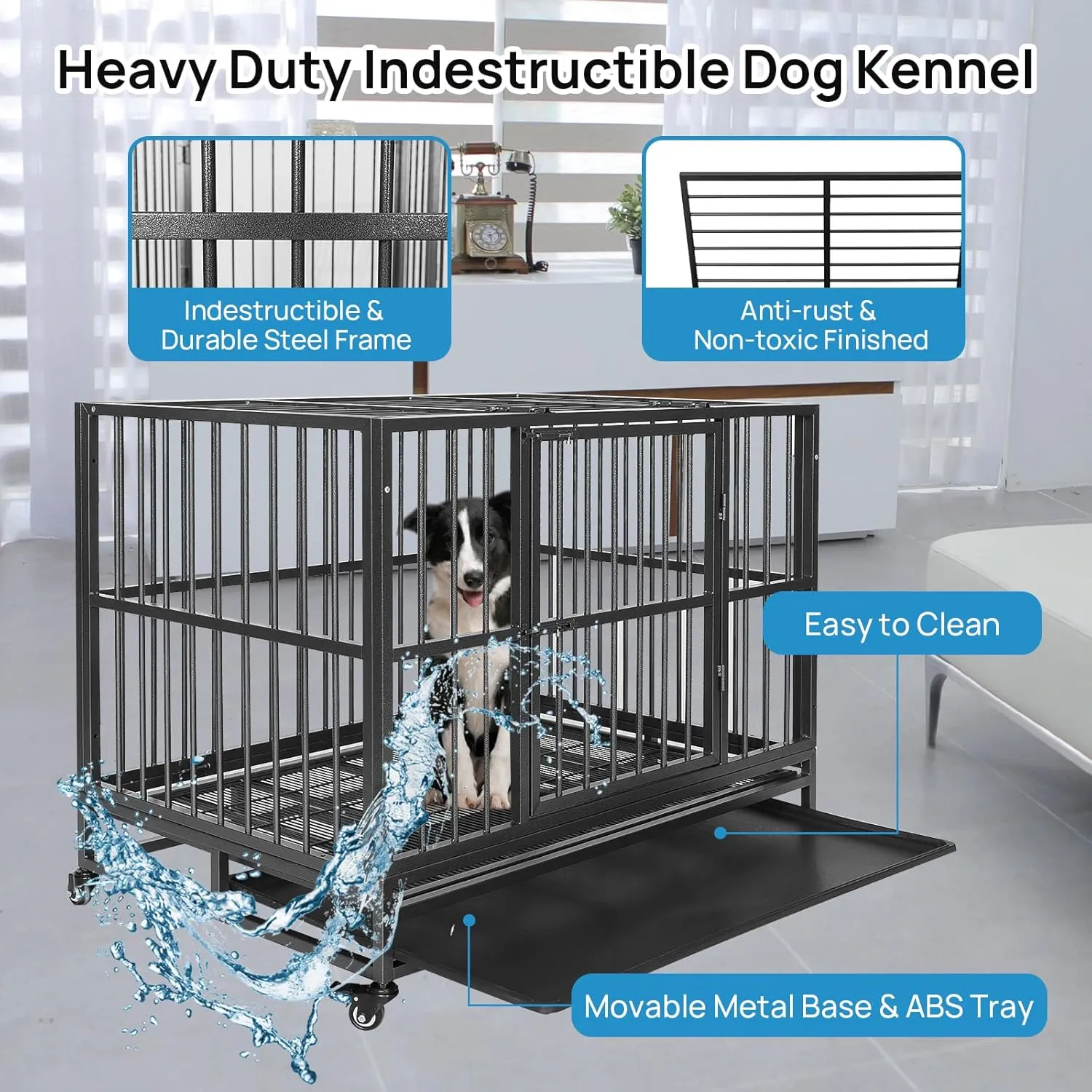 37" Heavy Duty Dog Kennels and Crates for High Anxiety Dog Large Indestructible Dog Crate Escape Proof Dog Cage Dog Kennel Pet Playpen for Training w/Wheels, Double Doors, Sturdy Locks, Tray, Silver