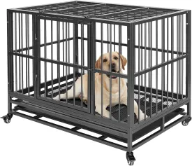 37" Heavy Duty Dog Kennels and Crates for High Anxiety Dog Large Indestructible Dog Crate Escape Proof Dog Cage Dog Kennel Pet Playpen for Training w/Wheels, Double Doors, Sturdy Locks, Tray, Silver