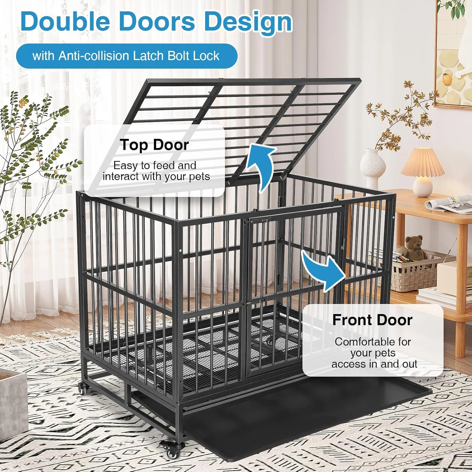 37" Heavy Duty Dog Kennels and Crates for High Anxiety Dog Large Indestructible Dog Crate Escape Proof Dog Cage Dog Kennel Pet Playpen for Training w/Wheels, Double Doors, Sturdy Locks, Tray, Silver