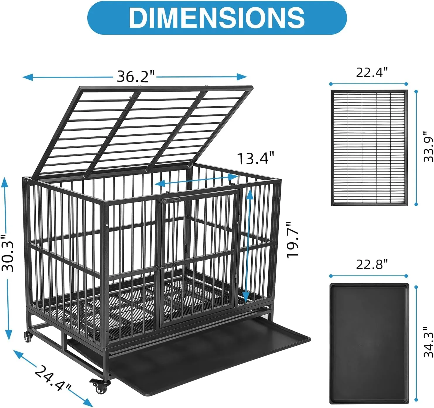 37" Heavy Duty Dog Kennels and Crates for High Anxiety Dog Large Indestructible Dog Crate Escape Proof Dog Cage Dog Kennel Pet Playpen for Training w/Wheels, Double Doors, Sturdy Locks, Tray, Silver