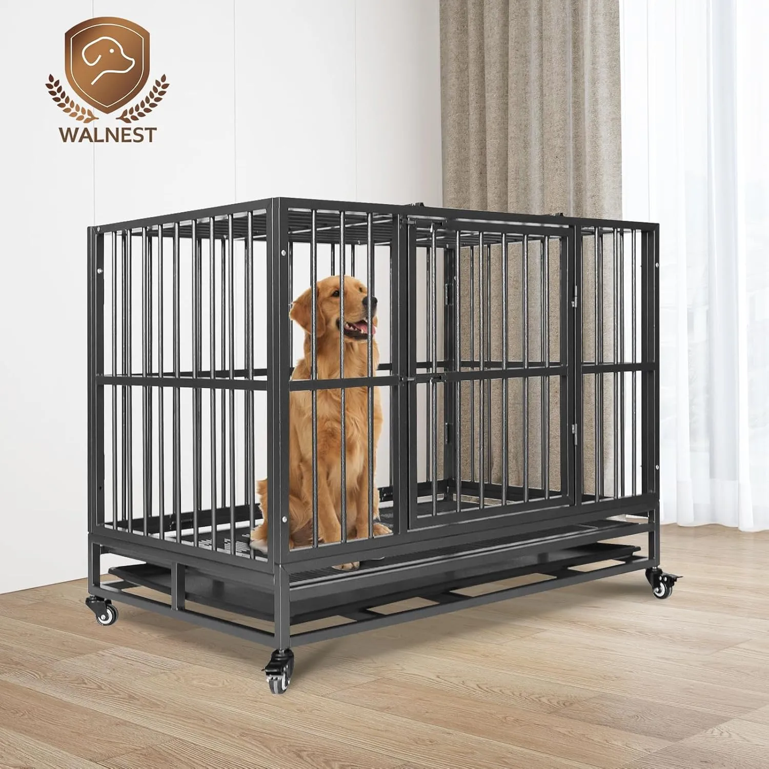 37" Heavy Duty Dog Kennels and Crates for High Anxiety Dog Large Indestructible Dog Crate Escape Proof Dog Cage Dog Kennel Pet Playpen for Training w/Wheels, Double Doors, Sturdy Locks, Tray, Silver
