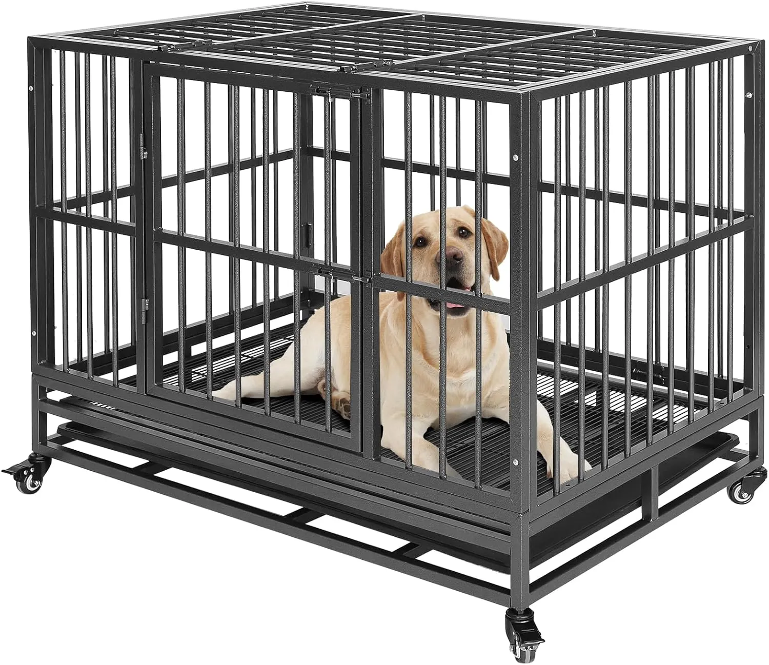 37" Heavy Duty Dog Kennels and Crates for High Anxiety Dog Large Indestructible Dog Crate Escape Proof Dog Cage Dog Kennel Pet Playpen for Training w/Wheels, Double Doors, Sturdy Locks, Tray, Silver