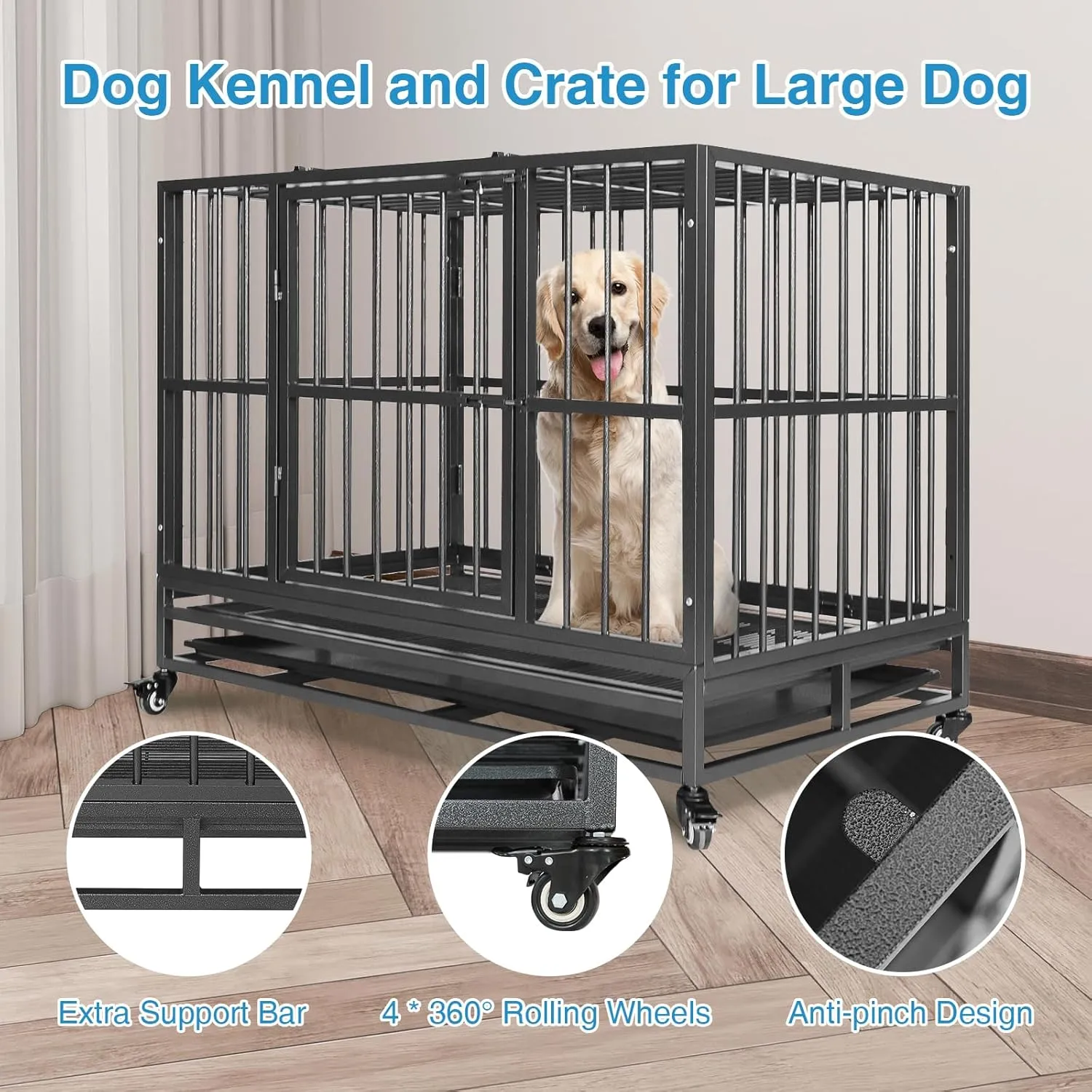 37" Heavy Duty Dog Kennels and Crates for High Anxiety Dog Large Indestructible Dog Crate Escape Proof Dog Cage Dog Kennel Pet Playpen for Training w/Wheels, Double Doors, Sturdy Locks, Tray, Silver