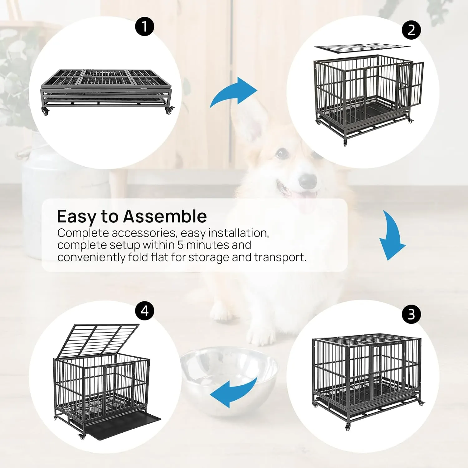 37" Heavy Duty Dog Kennels and Crates for High Anxiety Dog Large Indestructible Dog Crate Escape Proof Dog Cage Dog Kennel Pet Playpen for Training w/Wheels, Double Doors, Sturdy Locks, Tray, Silver