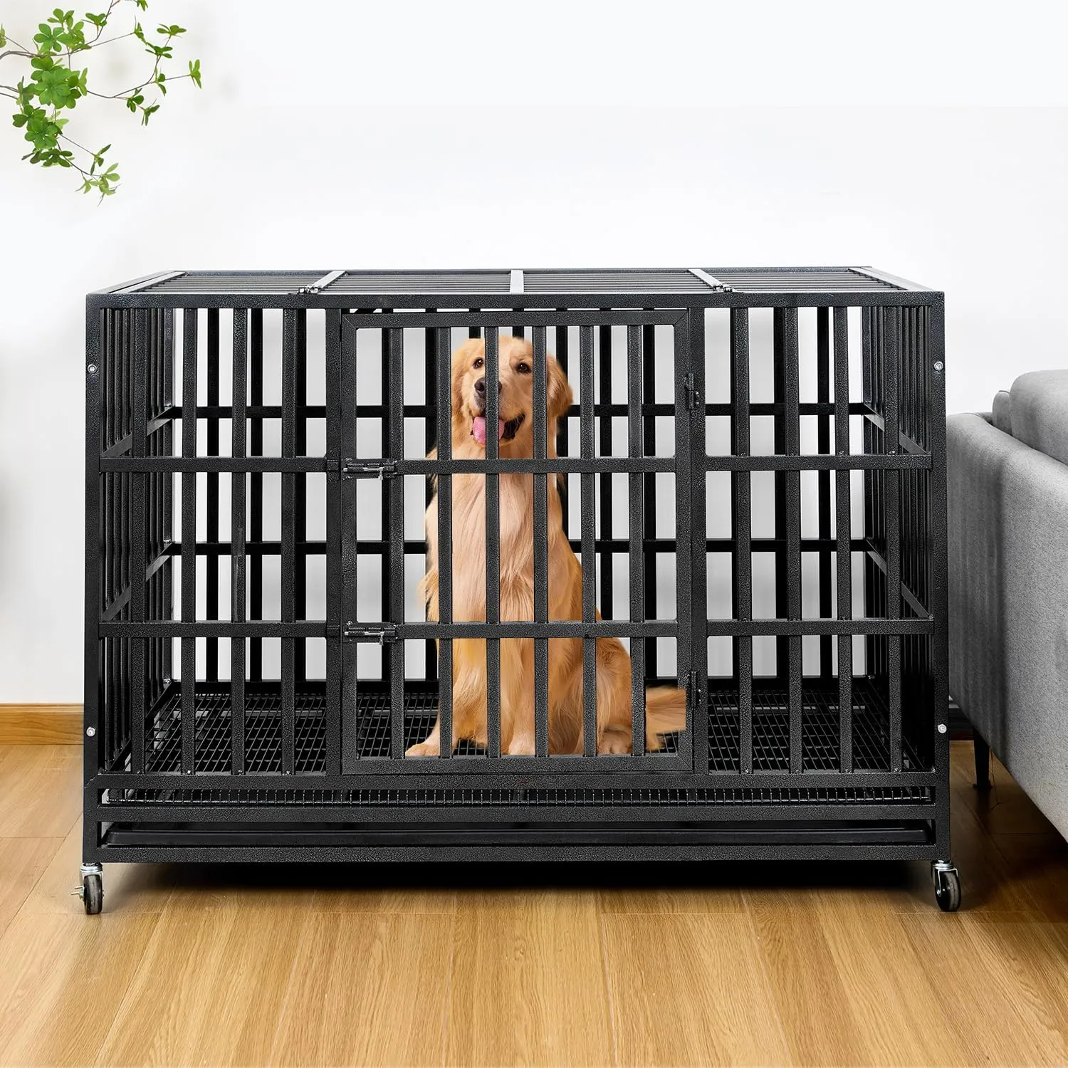 48/42/38 Inch Heavy Duty Indestructible Dog Crate,Escape Proof Dog Cage Kennel for Small Medium Dogs Indoor Double Door Dog Crate with Wheels, Lock& Removable Tray