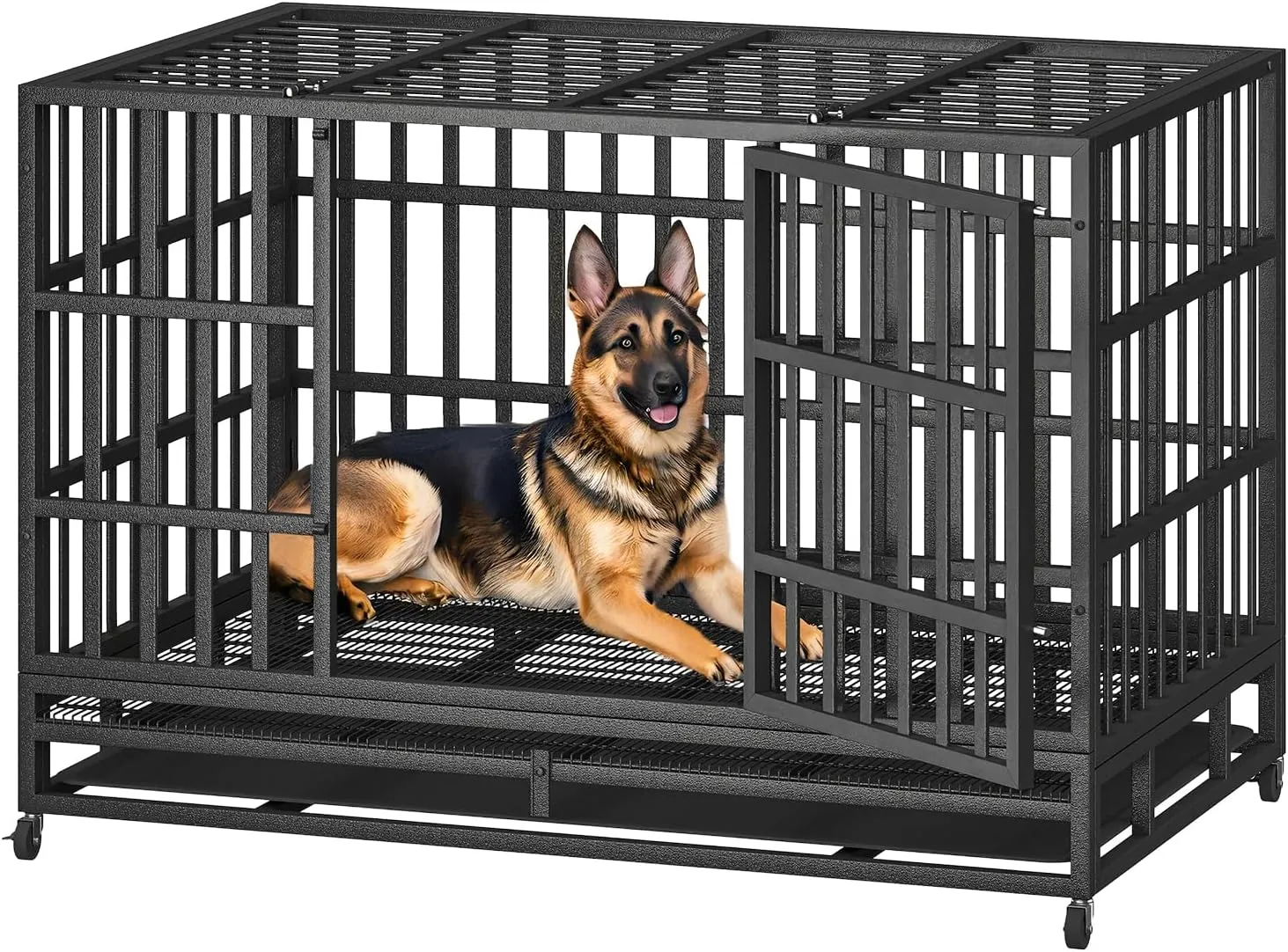 48/42/38 Inch Heavy Duty Indestructible Dog Crate,Escape Proof Dog Cage Kennel for Small Medium Dogs Indoor Double Door Dog Crate with Wheels, Lock& Removable Tray