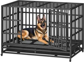 54/48/42/38 Inch Heavy Duty Indestructible Dog Crate Steel Escape Proof, Indoor Double Door High Anxiety Cage, Kennel with Wheels, Removable Tray, Extra Large XL
