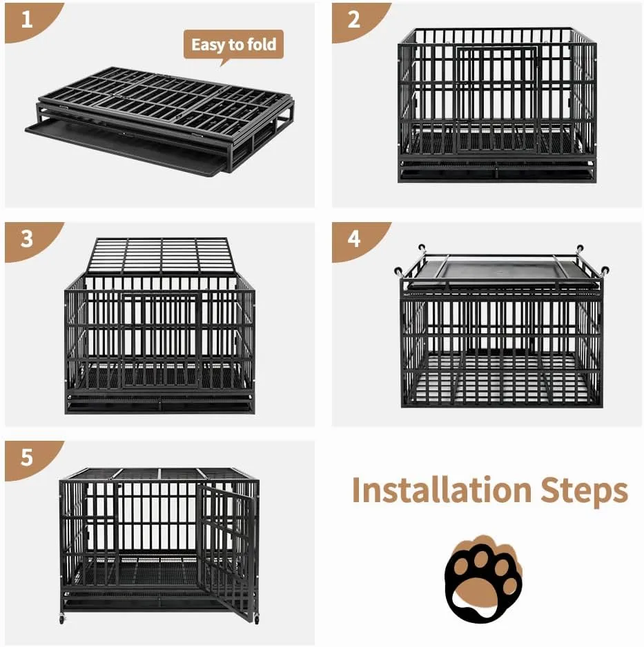 54/48/42/38 Inch Heavy Duty Indestructible Dog Crate Steel Escape Proof, Indoor Double Door High Anxiety Cage, Kennel with Wheels, Removable Tray, Extra Large XL
