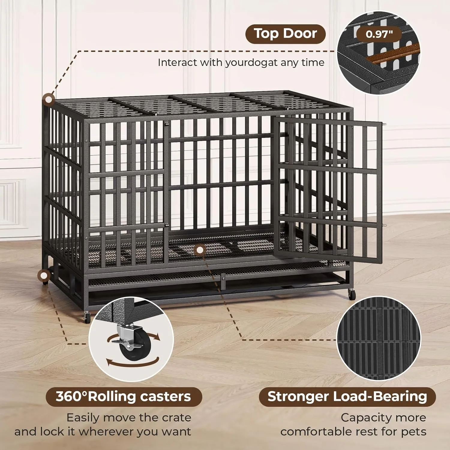 54/48/42/38 Inch Heavy Duty Indestructible Dog Crate Steel Escape Proof, Indoor Double Door High Anxiety Cage, Kennel with Wheels, Removable Tray, Extra Large XL