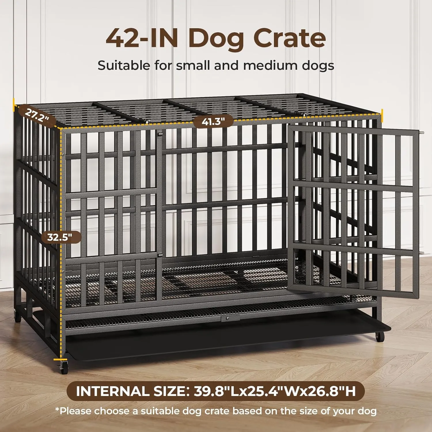 54/48/42/38 Inch Heavy Duty Indestructible Dog Crate Steel Escape Proof, Indoor Double Door High Anxiety Cage, Kennel with Wheels, Removable Tray, Extra Large XL