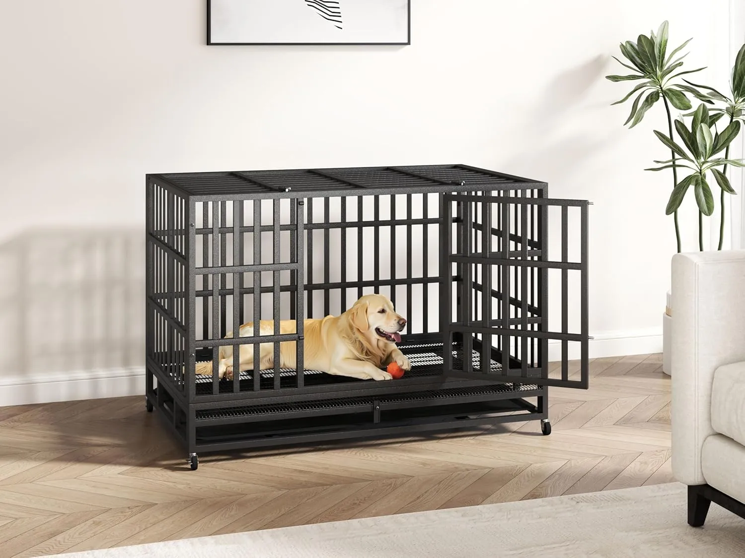 54/48/42/38 Inch Heavy Duty Indestructible Dog Crate Steel Escape Proof, Indoor Double Door High Anxiety Cage, Kennel with Wheels, Removable Tray, Extra Large XL