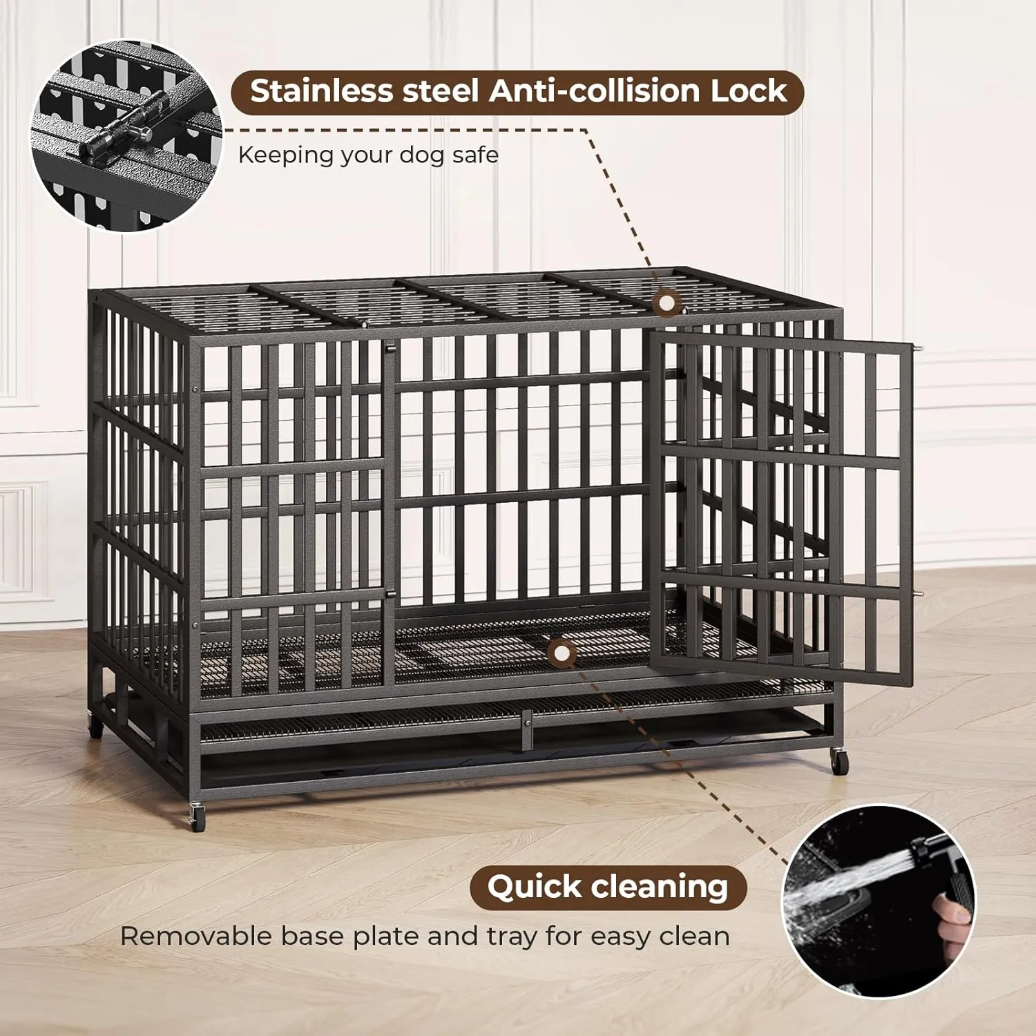 54/48/42/38 Inch Heavy Duty Indestructible Dog Crate Steel Escape Proof, Indoor Double Door High Anxiety Cage, Kennel with Wheels, Removable Tray, Extra Large XL
