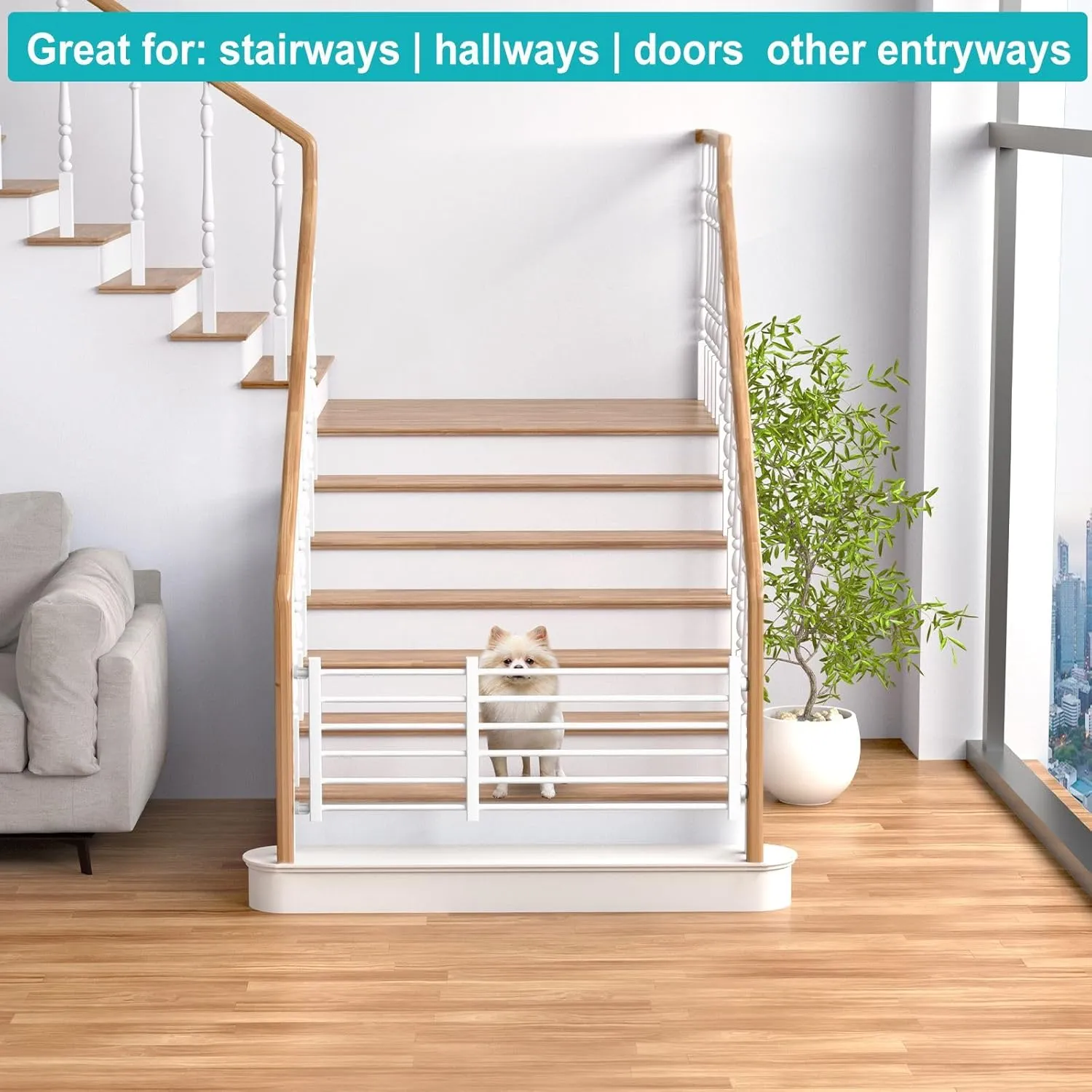Adjustable Short Indoor Dog Gate for Small Dogs & Puppies - Step Over Wooden Pet Gate for Doorways/Stairs, No Installation, 22"-40" Wide (White, M)