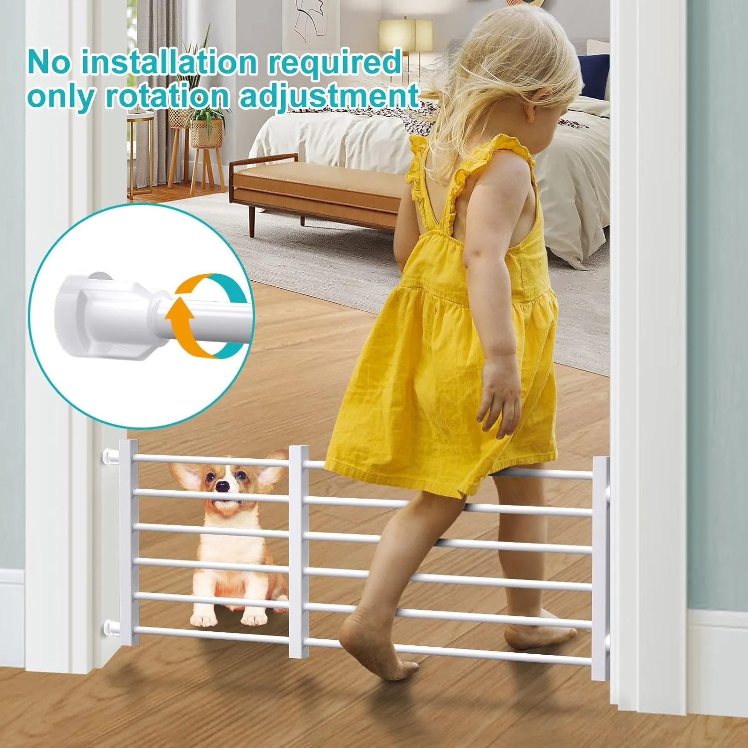 Adjustable Short Indoor Dog Gate for Small Dogs & Puppies - Step Over Wooden Pet Gate for Doorways/Stairs, No Installation, 22"-40" Wide (White, M)