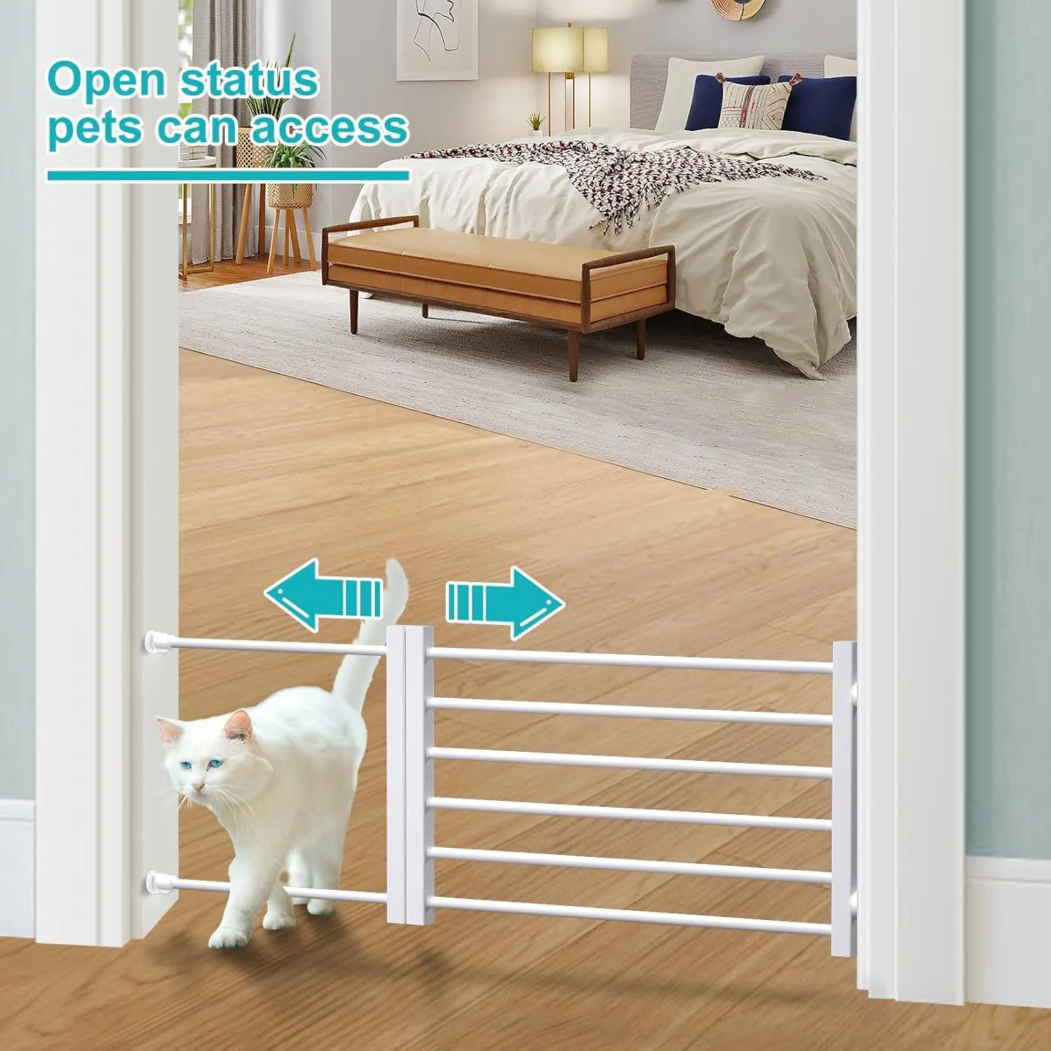 Adjustable Short Indoor Dog Gate for Small Dogs & Puppies - Step Over Wooden Pet Gate for Doorways/Stairs, No Installation, 22"-40" Wide (White, M)