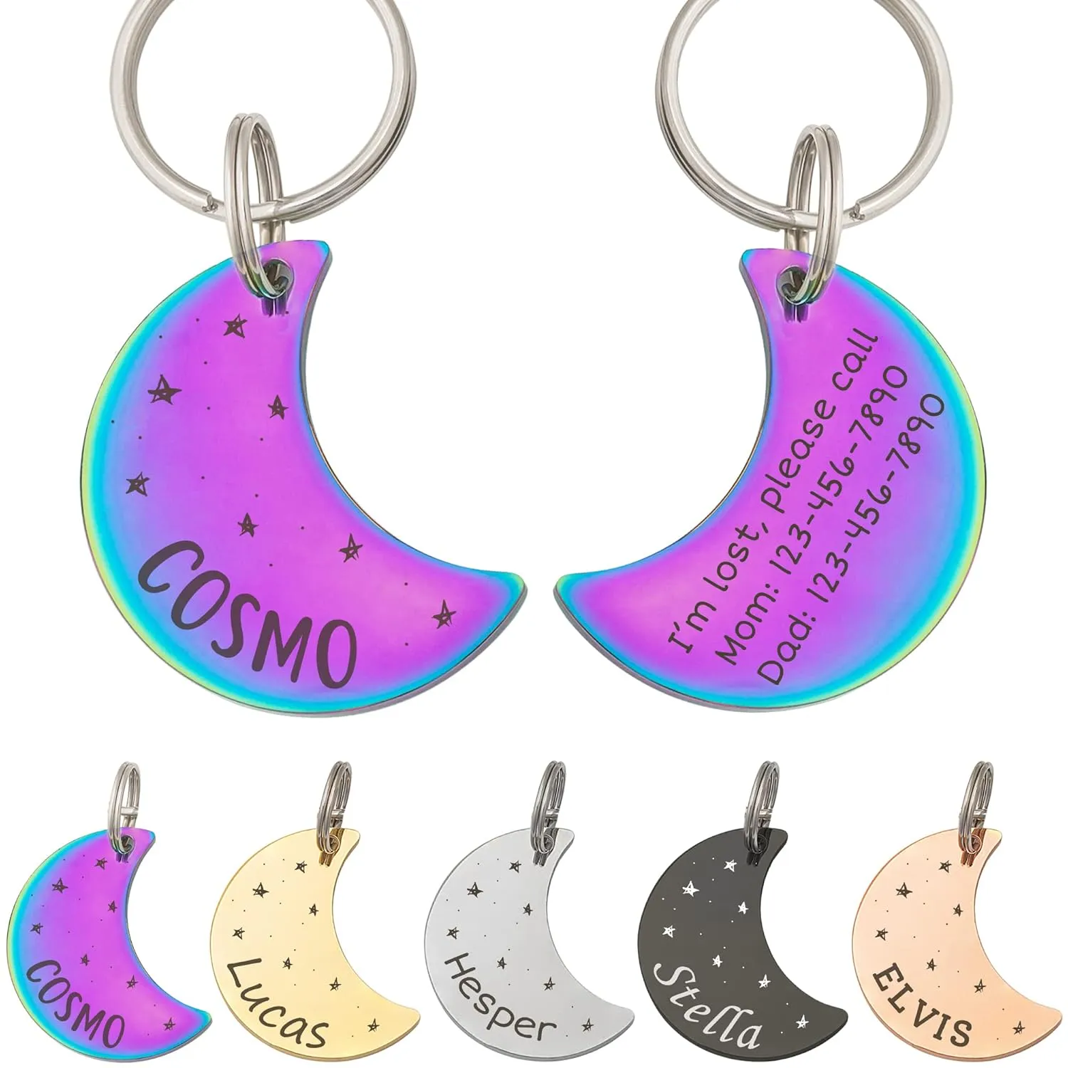 Anavia Starry Sky Theme Pet ID Tags in Half Moon & Star Shape, Personalized Dog Name Tag Cat Tag, Glossy Stainless Steel Gold Plated Black Rainbow Dog Collar Tag (Medium, Moon Shape, Rainbow)