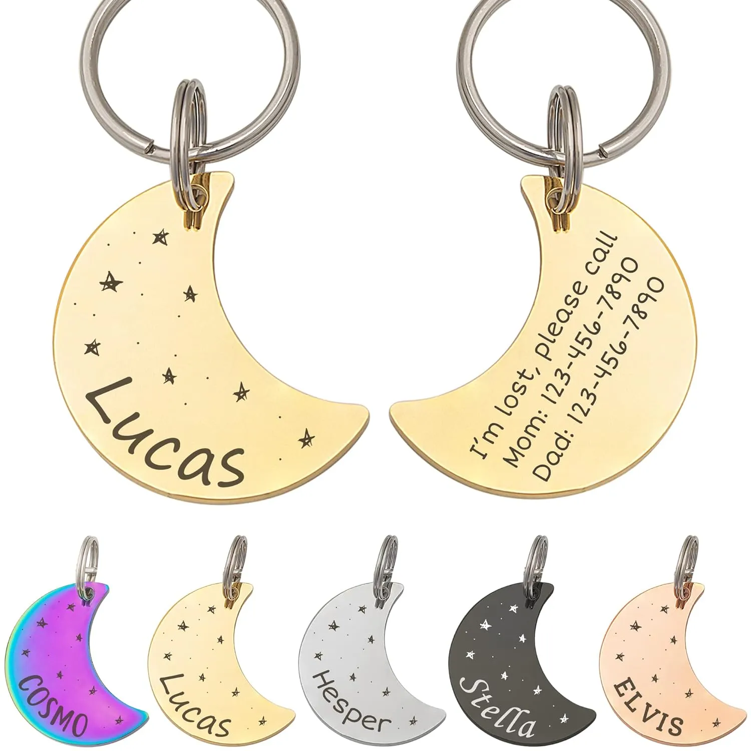 Anavia Starry Sky Theme Pet ID Tags in Half Moon & Star Shape, Personalized Dog Name Tag Cat Tag, Glossy Stainless Steel Gold Plated Black Rainbow Dog Collar Tag (Small, Moon Shape, Gold)