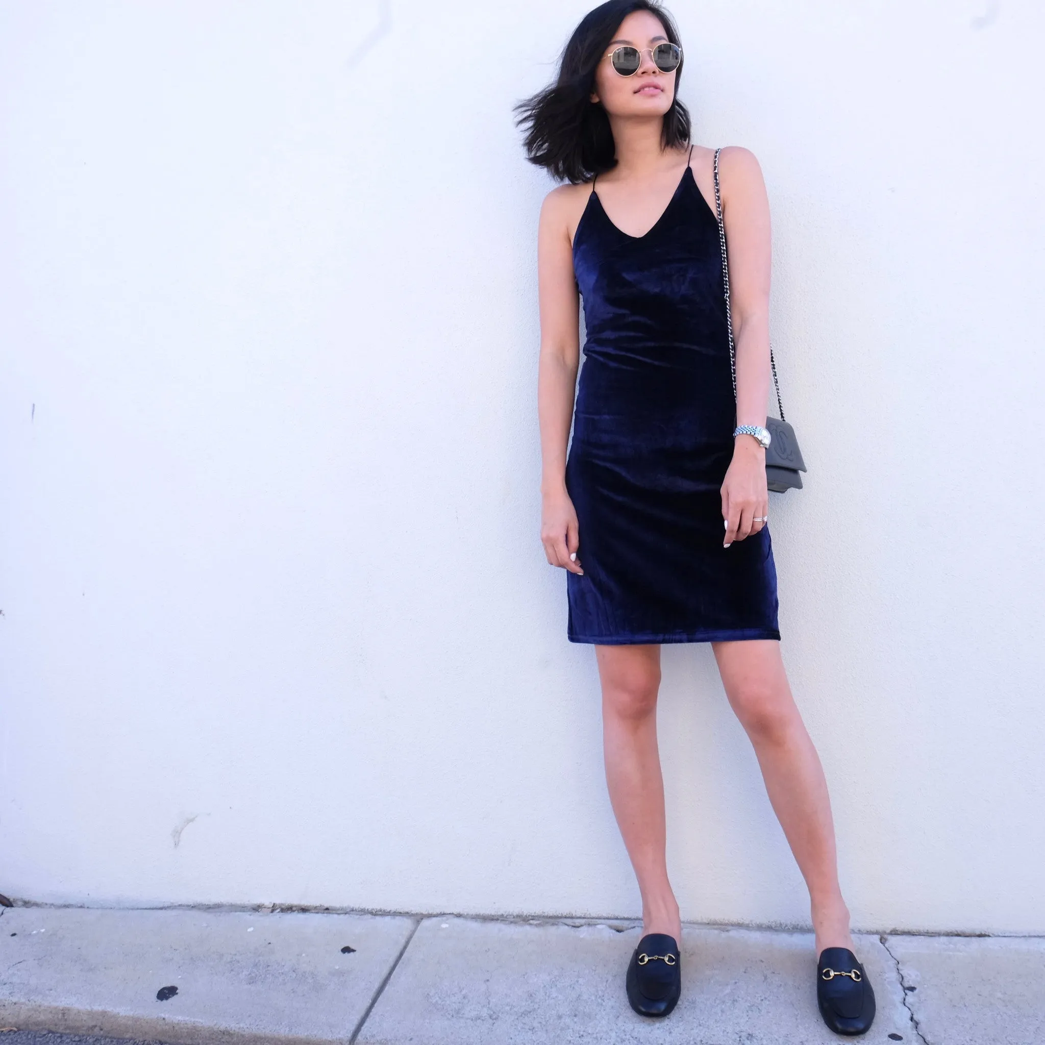 Belle Velvet Slip Dress - Navy