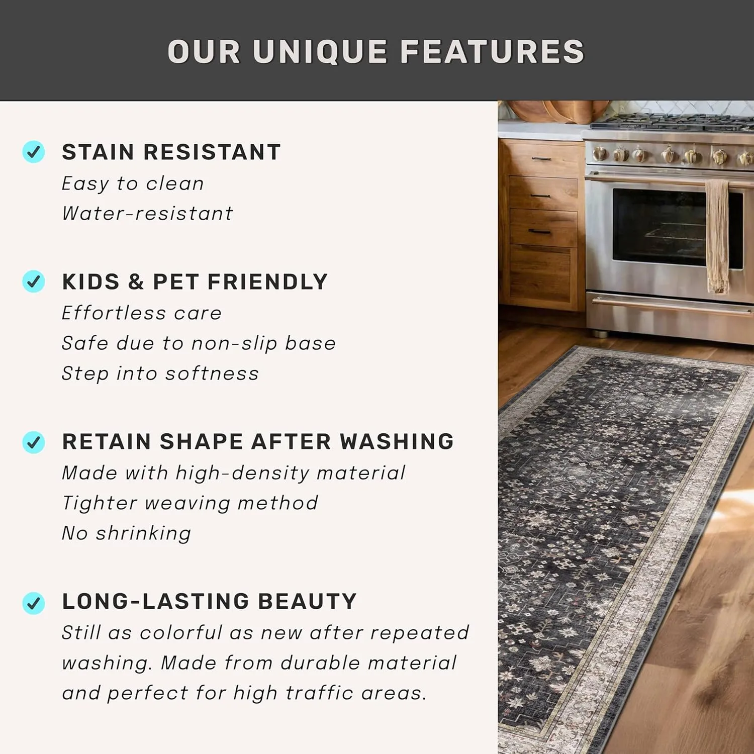 Boho Dining Room Rugs for Under Table - Washable Black Area Rug for Living Room, Low Pile Non-Slip Rugs for Bedroom, Office - Charming Geometric Decor & Stain Resistance - 6x8 Black/Multi