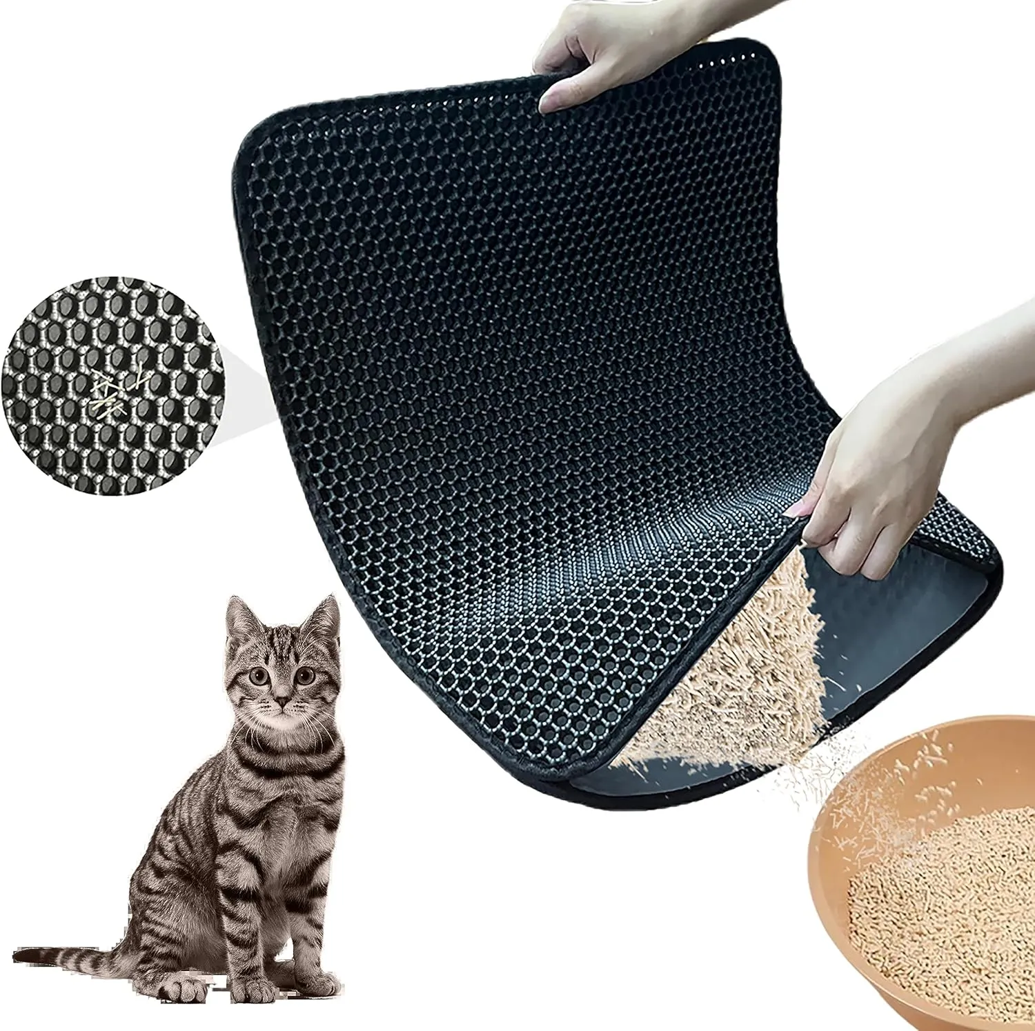 Cat Litter Mat, Honeycomb Double Layer Litter Trapping Mat, 18" x 24" Kitten Litter Box Pad, Waterproof Urine Proof, Washable Easy Clean (Black)