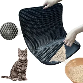 Cat Litter Mat, Honeycomb Double Layer Litter Trapping Mat, 18" x 24" Kitten Litter Box Pad, Waterproof Urine Proof, Washable Easy Clean (Black)