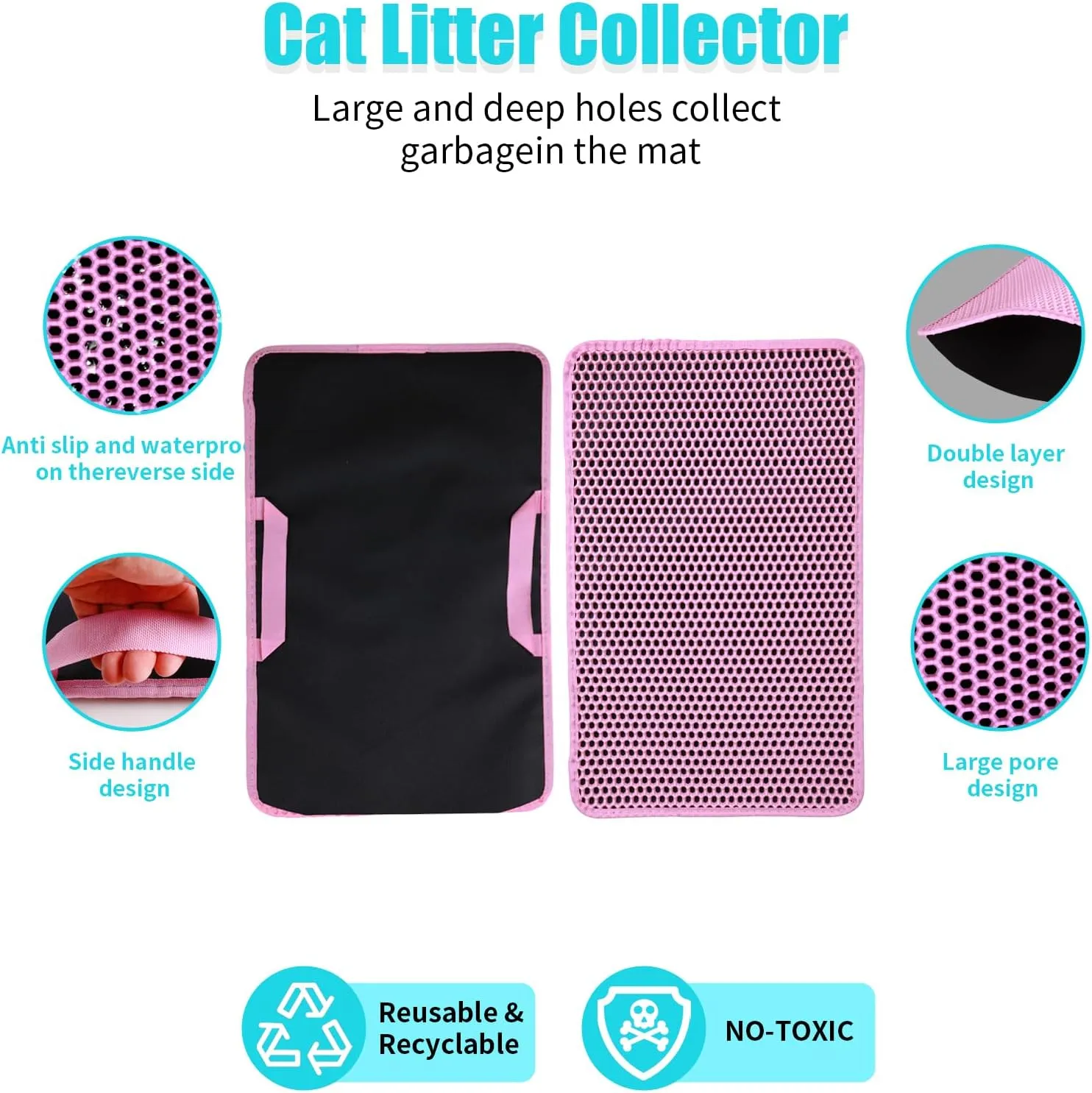 Cat Litter Mat, Kitty Litter Collector, Double Layered Honeycomb Design Waterproof, Anti Urine, Anti Slip, Easy to Clean, Limit Garbage (30"x24", Pink)