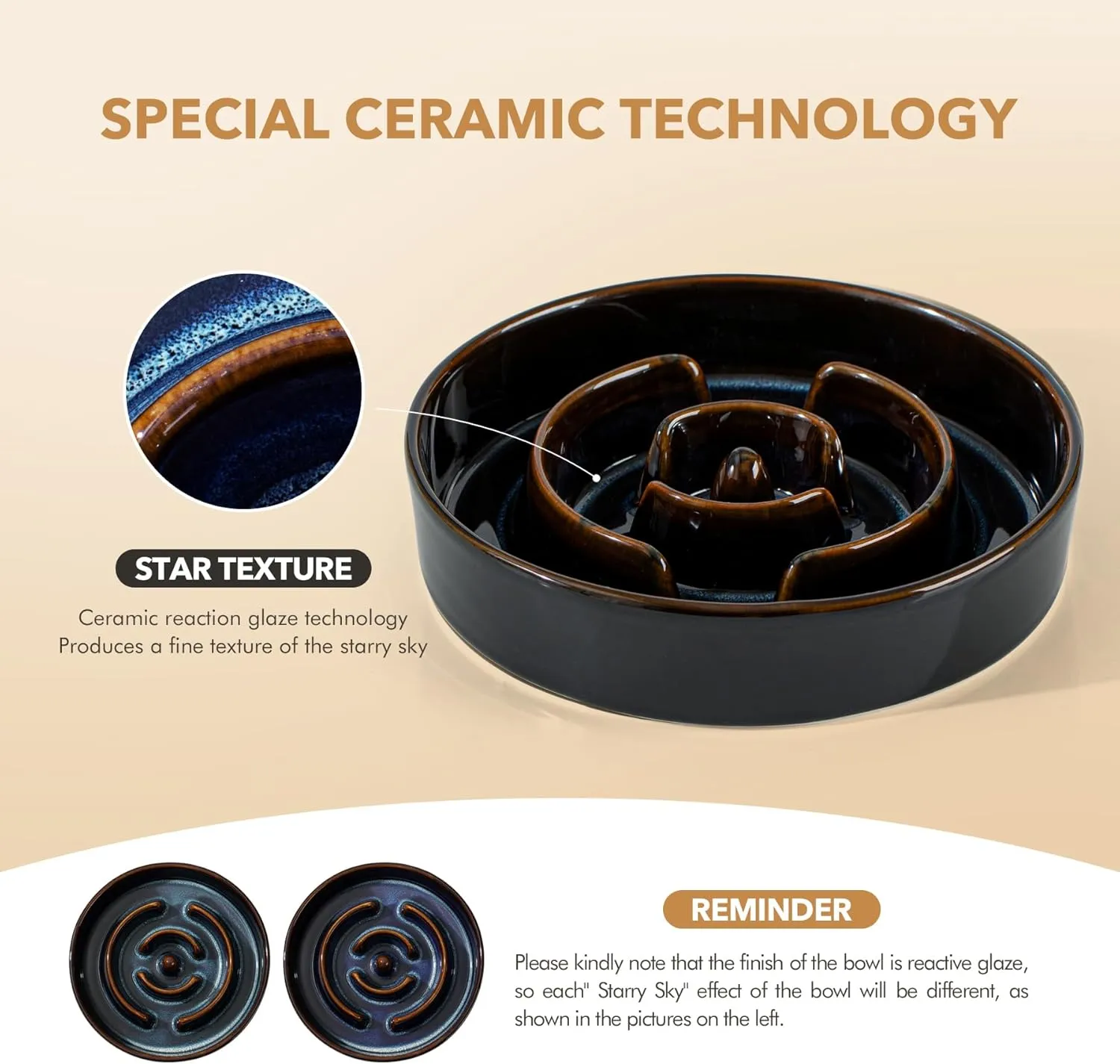 Ceramic 7.3inch Dog Bowl Slow Feeder for Medium and Small Dog, Pet Slow Dish, Stop Bloat, Preventing Choking(Single Bowl, Starry Sky)