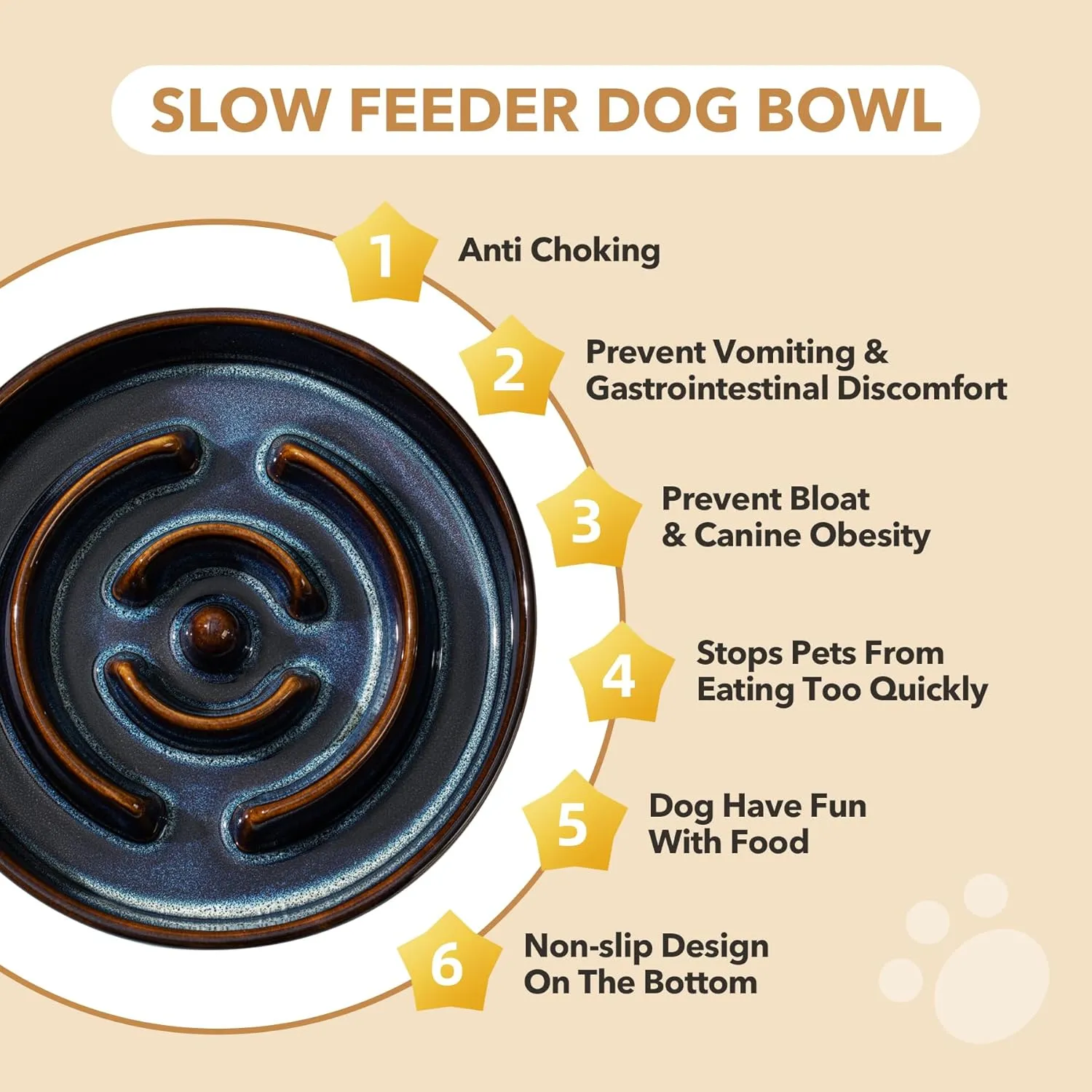 Ceramic 7.3inch Dog Bowl Slow Feeder for Medium and Small Dog, Pet Slow Dish, Stop Bloat, Preventing Choking(Single Bowl, Starry Sky)