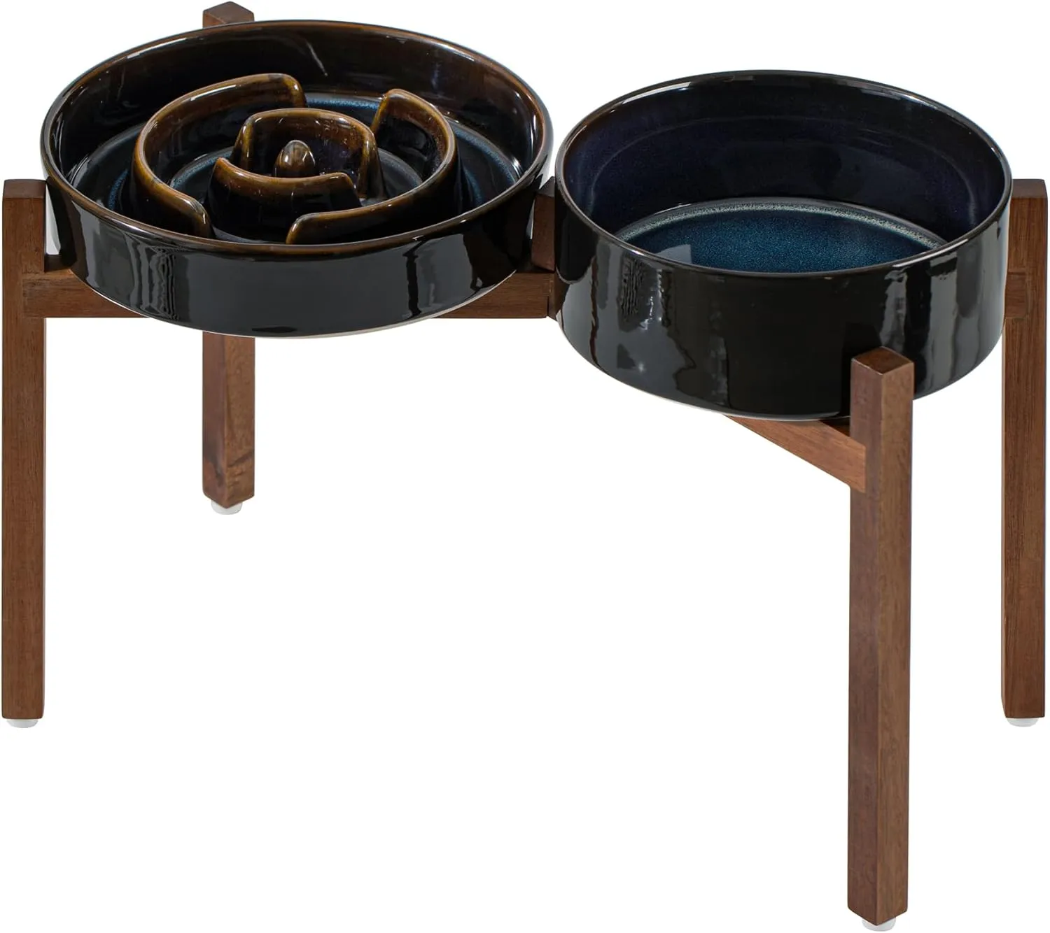Ceramic Raised Slow Feeder Dog Bowl Set, Elevated 8.2inch Bowl and 9.5inch Dish with Acacia Wood Stand for Large Dog, Stop Bloat(2X Starry Sky  Stand)