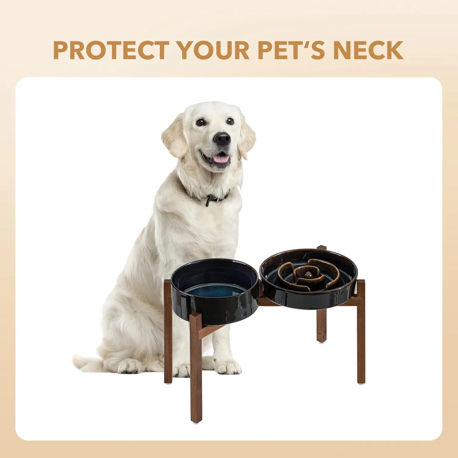 Ceramic Raised Slow Feeder Dog Bowl Set, Elevated 8.2inch Bowl and 9.5inch Dish with Acacia Wood Stand for Large Dog, Stop Bloat(2X Starry Sky  Stand)
