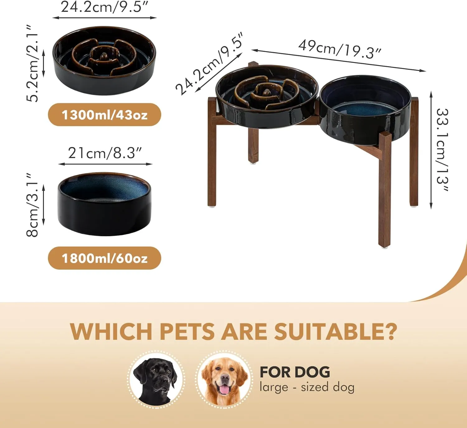 Ceramic Raised Slow Feeder Dog Bowl Set, Elevated 8.2inch Bowl and 9.5inch Dish with Acacia Wood Stand for Large Dog, Stop Bloat(2X Starry Sky  Stand)