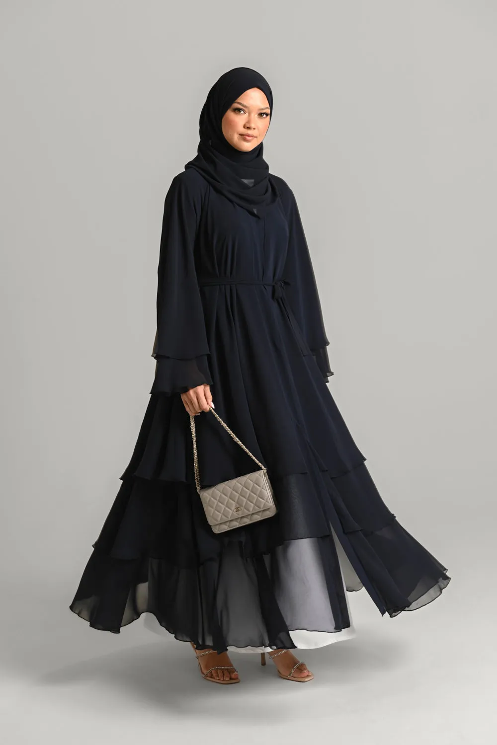 Chiffon Layered Open Abaya - Royal Navy