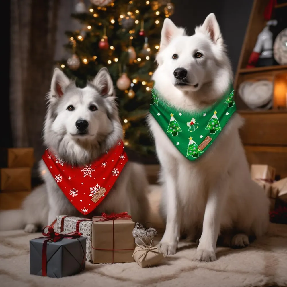 Christmas Dog Bandanas 2 Pack Washable Soft Cotton Christmas Tree & Snowflakes Scarf Multiple Sizes Offered Premium Durable Fabric Adjustable Fit for Small, Large & Extra Large Dogs