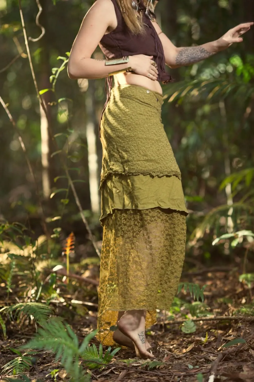 Cotton Crochet Layered Skirt - Khaki