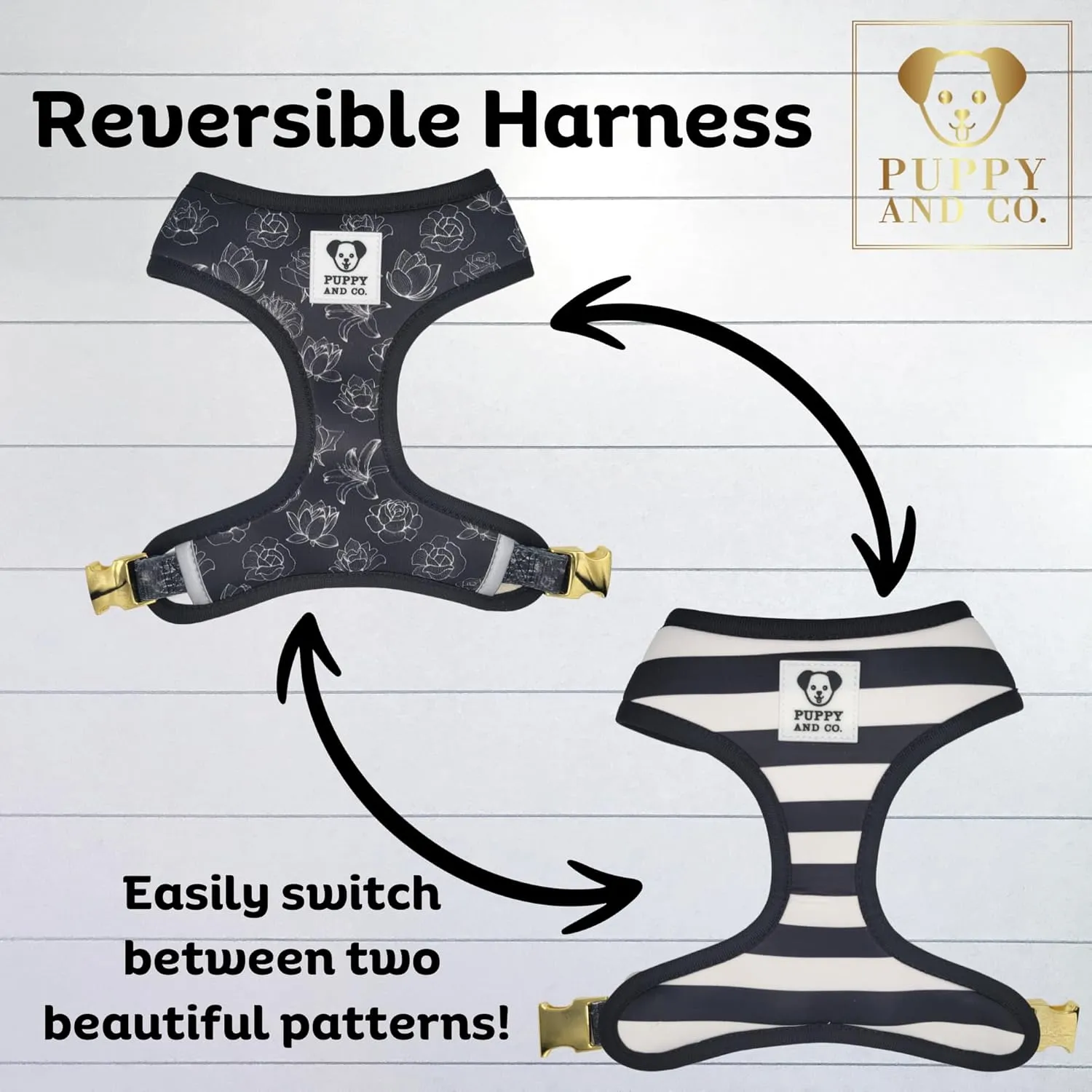Cute Dog Harness, Reversible, No Pull Pet Vest with Leash Clip - Adjustable Soft Padded & Reflective - for XS Small Medium Large Girl Boy Dogs - for Most Breeds by Puppy and Co (Small, Modern)