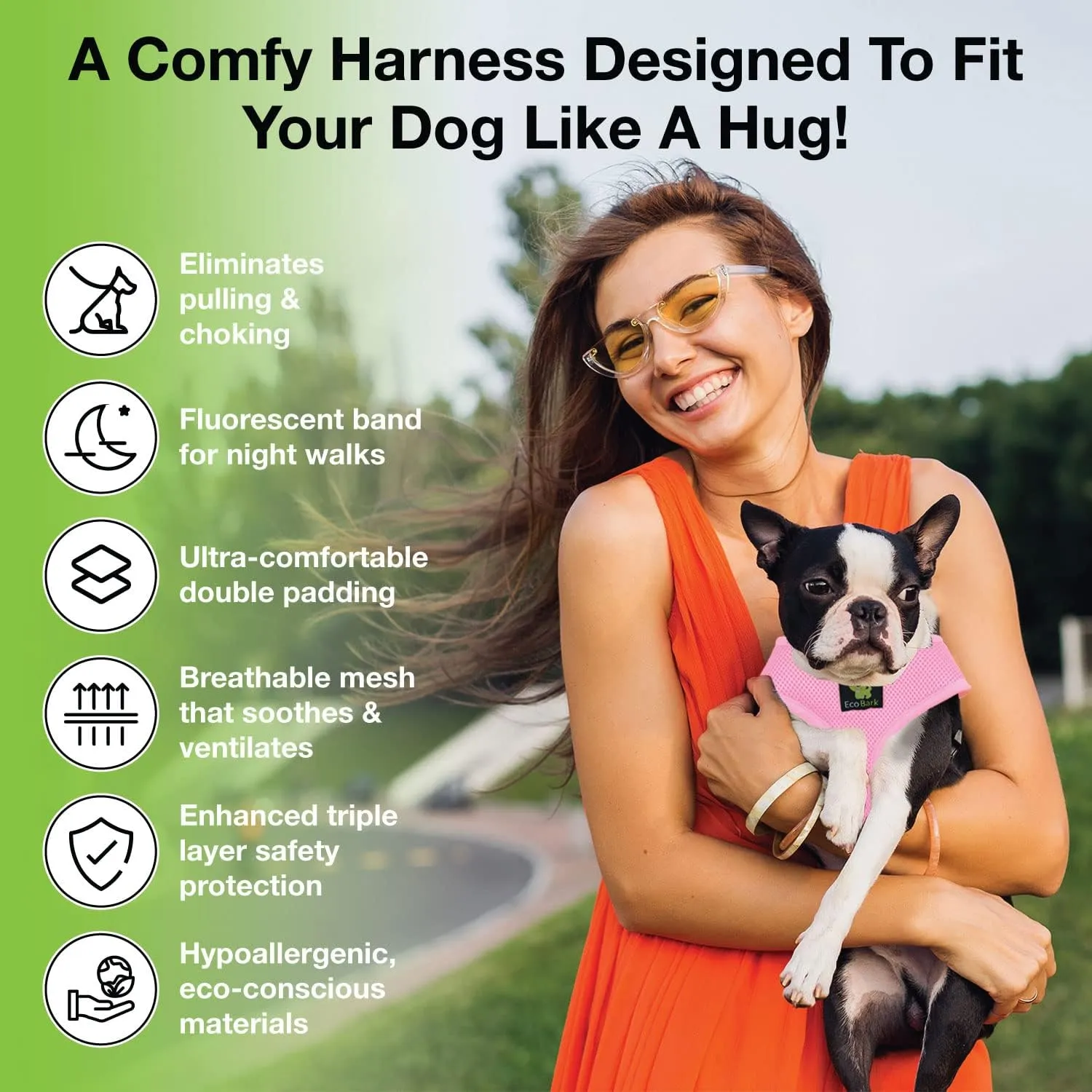 EcoBark Dog Harness - Eco-Friendly Max Comfort Harnesses - Luxurious Soft Mesh Halter - Over The Head Harness Vest- No Pull and No Choke for Large, XL, and XXL Dogs (XL, Baby Pink)