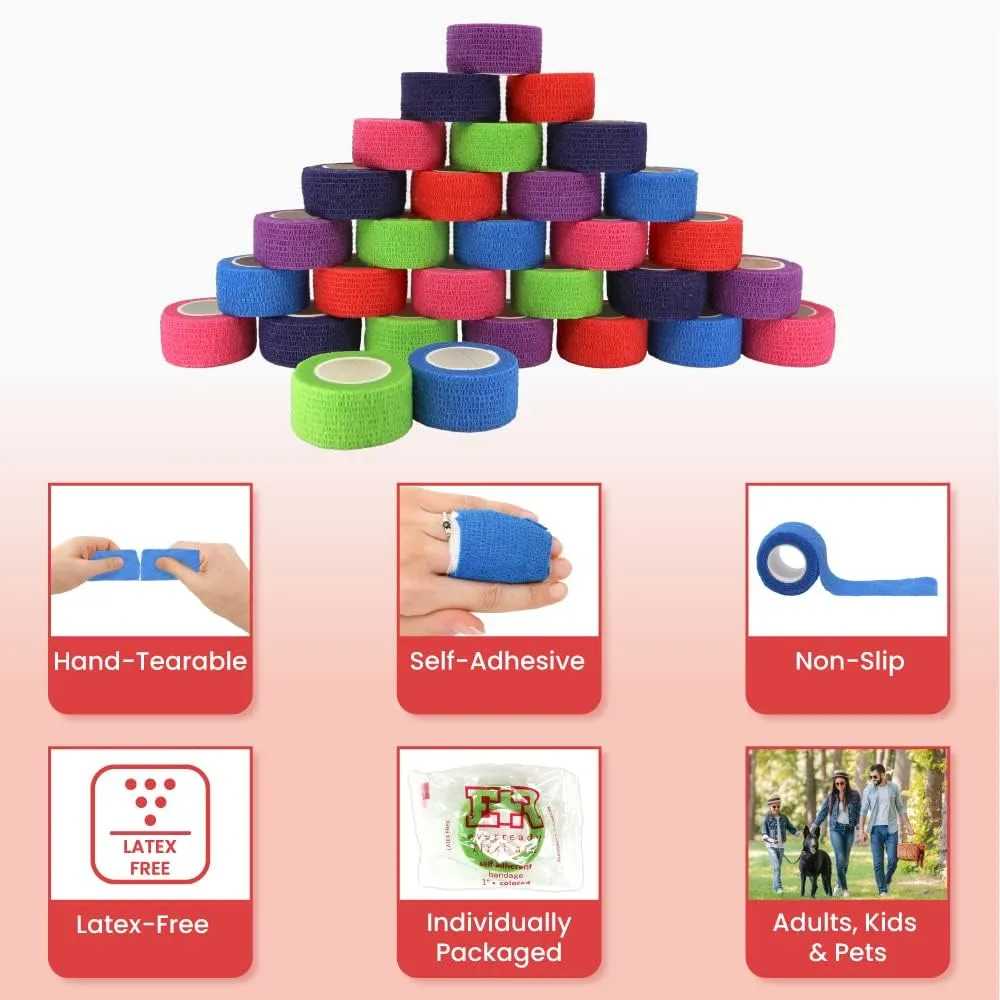 Ever Ready First Aid Self Adherent Cohesive Wrap Bandages for First Aid, Sprains, Swelling, Sports, Pets, Rainbow Colors, 1 x 5 Yards  30 Count